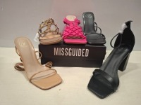 32 X PAIRS OF BRAND NEW MISSGUIDED MIXED SHOE LOT CONTAINING CROCHET TIE UP HEELED SANDAL IN HOT PINK , SQUARE TOE HIGH HEEL TIE UP SANDALS IN BLACK , EXTREME PLATFORM SATIN HEELED SANDALS IN BLACK ALL IN SIZE 7 ETC ON HALF A BAY