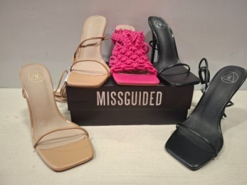 32 X PAIRS OF BRAND NEW MISSGUIDED MIXED SHOE LOT CONTAINING SQUARE TOE HIGH HEEL TIE UP SANDALS IN SAND , ENTRY BLOCK HEELED SANDAL IN BLACK , CROCHET TIE UP HEELED SANDALS IN HOT PINK ALL IN SIZE 7 ETC ON HALF A BAY