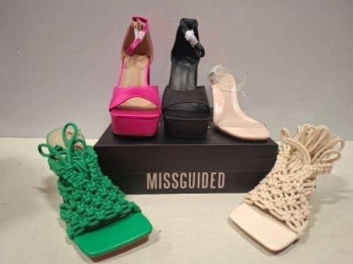 32 X PAIRS OF BRAND NEW MISSGUIDED MIXED SHOE LOT CONTAINING CROCHET TIE UP HEELED SANDAL IN CREAM , EXTREME PLATFORM SATIN HEELED SANDALS IN HOT PINK , HIGH HEEL BLOCK BARELY THERE SANDALS IN WHITE ALL IN SIZE 7 ETC ON HALF A BAY