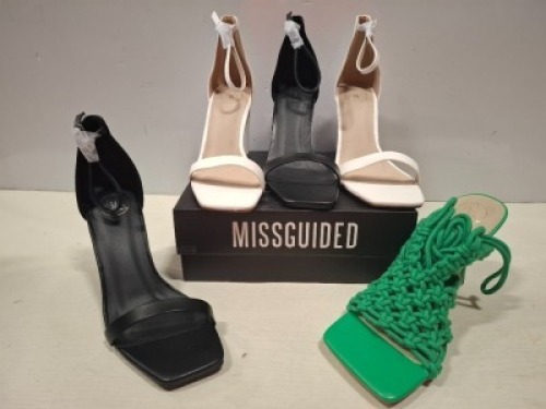 32 X PAIRS OF BRAND NEW MISSGUIDED MIXED SHOE LOT CONTAINING CROCHET TIE UP HEELED SANDAL IN GREEN , ENTRY BLOCK HEELED SANDAL IN BLACK , HIGH HEEL BLOCK BARELY THERE SANDALS IN WHITE ALL IN SIZE 7 ETC ON HALF A BAY