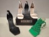 32 X PAIRS OF BRAND NEW MISSGUIDED MIXED SHOE LOT CONTAINING CROCHET TIE UP HEELED SANDAL IN GREEN , ENTRY BLOCK HEELED SANDAL IN BLACK , HIGH HEEL BLOCK BARELY THERE SANDALS IN WHITE ALL IN SIZE 7 ETC ON HALF A BAY