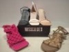 32 X PAIRS OF BRAND NEW MISSGUIDED MIXED SHOE LOT CONTAINING SQUARE TOE HIGH HEEL TIE UP SANDALS IN BLACK , CROCHET TIE UP HEELED SANDALS IN HOT PINK , DOME STUD GLADIATOR SANDAL IN TAUPE ALL IN SIZE 8 ETC ON HALF A BAY