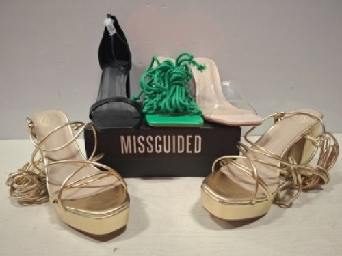 32 X PAIRS OF BRAND NEW MISSGUIDED MIXED SHOE LOT CONTAINING PERSPEX BLOCK HEEL MULE SANDAL IN SAND , MID CLEAR HEEL BLOCK IN NUDE , ENTRY BLOCK HEELED SANDAL IN BLACK ALL IN SIZE 8 ETC ON HALF A BAY