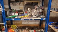 50 + MIXED TOOL / HARDWEAR LOT CONTAINING FESTOOL MITRE SAW , CRAFTPRO SAWBLADE DIAM 138 MM , TITAN TCT CIRCULAR SAW BLADE 216 MM , ERGILSAN STRAIGHT CUTTER 70 X 50 X 20 Z4 , ALUMINIUM SLIDING BEVEL , SAFETY GLOVES , HI VIS , VARIOUS SAW BLADES ETC OVER 2