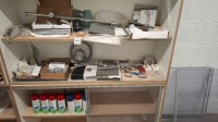 50 X BRAND NEW MIXED BATHROOM ITEMS LOT TO INCLUDE HOME LIFE SELF ADHESIVE FLOOR TILES , RADIATOR VALVES , BASIN TAPS , THERMOSTATIC TAP , VARIOUS SHOWER HEADS , PLASTIKOTE HYDRO WATER BASED SPRAY PAINT IN RED / BLUE ETC OVER TWO SHELVES