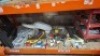 HALF A BAY MIXED TOOL LOT CONTAINING FOLDING TRESTLES , METAL WALL BRACKETS IN WHITE , THREE - TIER SERVICE / TOOL CART , VARIOUS TOOLS SAW , CHISEL SCREWDRIVER ETC