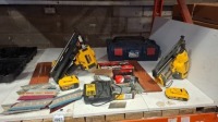 2 X DEWALT NAIL GUN LOT CONTAINING 1 X DEWALT DCN692 18V XR BRUSHLESS FIRST FIX FRAMING NAIL GUN , 1 X DEWALT DCN660 18 V XR BRUSHLESS ANGLED FINISH NAILER , PLUS 2 BATTERIES AND 1 DEWALT BATTERY CHARGER AND LARGE AMOUNT OF VARIOUS NAILS , ( NOTE IN WORK