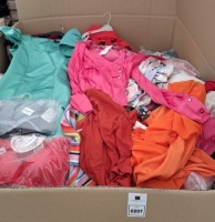 400 + BRAND NEW MIXED CLOTHING LOT CONTAINING GDG ACTUEL FLORAL DRESS IN SIZE IN SIZE LARGE , SOPHISTIC GREEN DRESS IN SIZE 5 , LEFON RED TOP IN SIZE 8 , GDG ACTUEL MULTI - COLOURED TOP IN SIZE M ETC IN 1 PALLET BOX