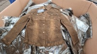 200 + BRAND NEW CLOTHING LOT CONTAINING CHOKLATE JEAN JACKET IN BROWN IN VARIOUS SIZES 44 , 42 , 40 , 38 , 36 , ETC IN 1 PALLET BOX