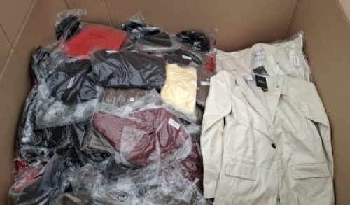 200 + BRAND NEW MIXED CLOTHING LOT CONTAINING KY EREATION RED JACKET IN RED IN SIZE 10 /12 , YELLOW TOP IN SIZE SMALL , LONG BLACK DRESS IN SIZE 8 , K . ZELL JACKET IN CREAM IN SIZE 10 / 12 ETC IN 1 PALLET BOX