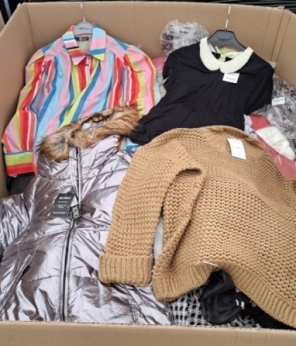 200 + BRAND NEW MIXED CLOTHING LOT CONTAINING GDG ACTUEL WHITE FLORAL SHIRT IN SIZE SMALL , ACTUEL MULTICOLOURED SHIRT IN SIZE SMALL , FLORAL MINI DRESS IN SIZE 8 , LIGHT LILAC TOP IN SIZE 10 ETC IN 1 PALLET BOX