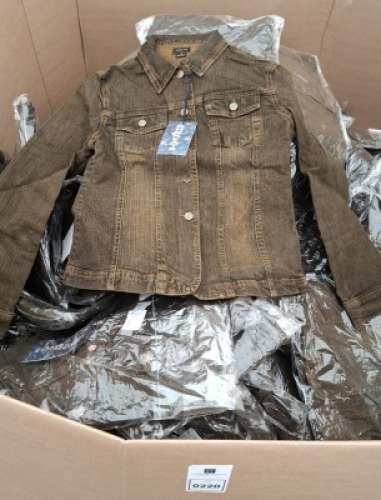 200 + BRAND NEW CLOTHING LOT CONTAINING CHOKLATE JEAN JACKET IN BROWN IN VARIOUS SIZES 44 , 42 , 40 , 38 , 36 , ETC IN 1 PALLET BOX