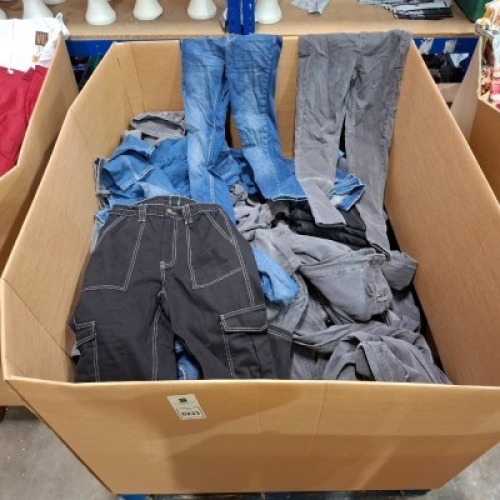 200 + MIXED PANTS LOT CONTAINING GREY AND BLUE JEANS IN MIXED SIZES AND BLACK PANTS IN MIXED SIZES IN ONE PALLET BOX