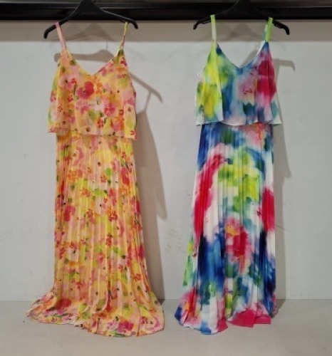 30 X BRAND NEW DUSK FLORAL PRINT LONG DRESSES IN VARIOUS MULTI COLOUR IN MIXED SIZES 12 , 10 , 8