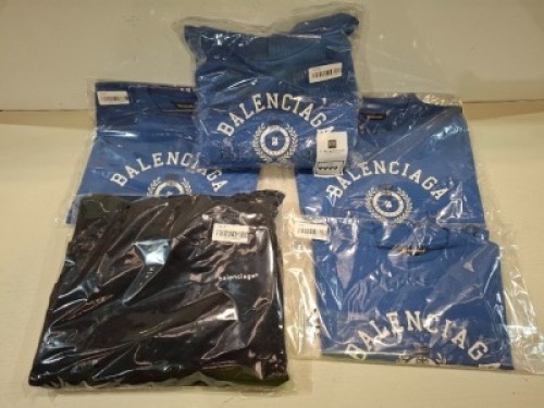 5 X PIECE BRAND NEW MIXED KIDS BALENCIAGA CLOTHING LOT TO INCLUDE BLACK HOODIE - BLUE LOGO HOODIE - 3X BLUE LOGO CREW NECK T SHIRTS IN SIZE 6-8 YEARS