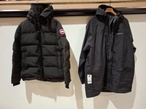 2 X PIECE MIXED COAT LOT TO INCLUDE 1 X CANADA GOOSE BLACK HOODED COAT SIZE SMALL - 1 X MOUNTAIN WAREHOUSE NAVY COAT SIZE XL