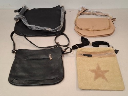 20 X BRAND NEW MIXED BAG LOT TO INCLUDE FAUX FUR BAGS IN VARIOUS COLOURS - LEATHER STYLE HAND BAGS - STAR BAGS ETC IN 1 TRAY