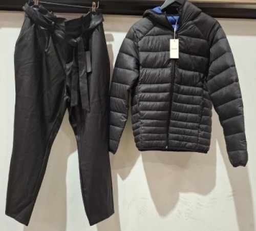 24 X MIXED BRAND NEW CLOTHING LOT CONTAINING 6 VERO MODA FAUX LEATHER PANTS IN BLACK IN SIZE 16 AND 20 , 6 X MISS SELFRIDGE PANTS IN GREEN IN SIZE UK 10 , 1 X DOROTHY PERKINS LONG TOP IN BLACK IN SIZE UK 24 , 3 X MATERNITY BLACK TOPS IN SIZE 6 , 1X TOPSH