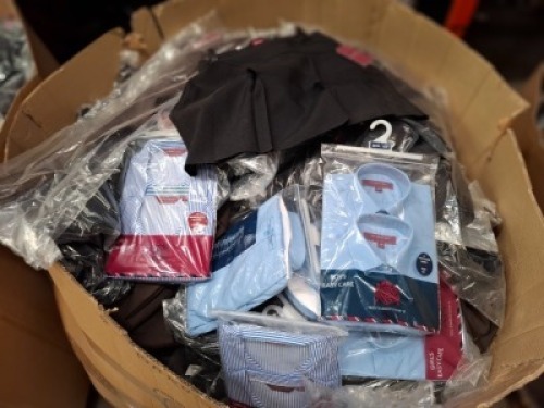 FULL PALLET BOX OF BRAND NEW MIXED WINTERBOTTOM'S SCHOOL WEAR LOT CONTAINING GIRLS SHORT SLEEVE BLOUSES IN BLUE / WHITE IN SIZE 97 CM , BOYS LONG SLEEVE SHIRTS IN BLUE IN SIZE 34 CM , BROWN PANTS IN SIZE 26R , SKIRT IN BLACK IN SIZE 30 ETC
