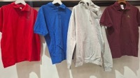 100 X PIECE BRAND NEW MIXED CLOTHING LOT TO INCLUDE HIPSTAG POLO SHIRTS IN VARIOUS COLOURS - BOO HOO MAN T SHIRTS - LYCRA BRIEFS - AWD GREY HOODIES - BLACK ZIP UP JUMPERS ETC ALL IN VARIOUS SIZES IN 5 TRAYS
