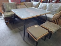 1 X GARDEN SET TO INCLUDE 1 X UNIQUE HAND MADE 5 SEATER CORNER SOFA - 1 X SQAURE GLASS TABLE WITH METAL LEGS SIZE 109 X 109 X 70CM - 2 X STOOLS