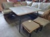 1 X GARDEN SET TO INCLUDE 1 X UNIQUE HAND MADE 5 SEATER CORNER SOFA - 1 X SQAURE GLASS TABLE WITH METAL LEGS SIZE 109 X 109 X 70CM - 2 X STOOLS