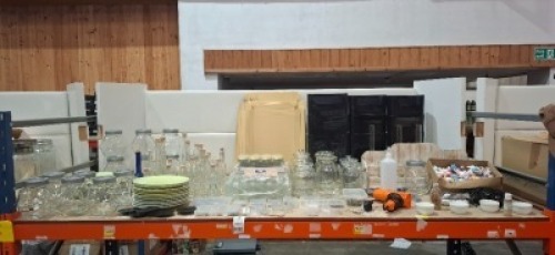 FULL BAY MIXED LOT CONTAINING VARIOUS GLASS JARS IN DIFFERENT SIZES AND DESIGN , GREEN AND WHITE PLATES , TEETOK HOT AIR GUN , VARIOUS JEWELLERY MAKING ACCESSORIES ETC