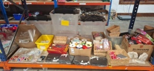 FUL BAY OF MIXED ARTS AND CRAFTS LOT CONTAINING VARIOUS ROLLS OF RIBBONS , VARIOUS JEWELLERY GIFT BAGS , VARIOUS JEWELLERY MAKING ACCESSORIES , PLASTIC TUBS ETC