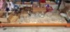 FULL BAY OF ARTS AND CRAFTS LOT CONTAINING GLASS SWEET JARS , CAKE GLASS DISPLAY STANDS , WOODEN PAINT RACK , VARIOUS PLASTIC MOULDS , BRACELET DISPLAY PLATES , INCENSE CONES ETC