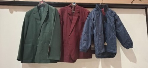 FULL PALLET BOX OF BRAND NEW MIXED WINTERBOTTOM'S SCHOOL WEAR LOT CONTAINING WATERPROOF COAT IN NAVY IN SIZE 34 , BLAZER IN MAROON IN SIZE 30 / 52 , BLAZER IN BOTTLE IN SIZE 28 / 50 , BLAZER IN PURPLE IN SIZE 19/41 ETC