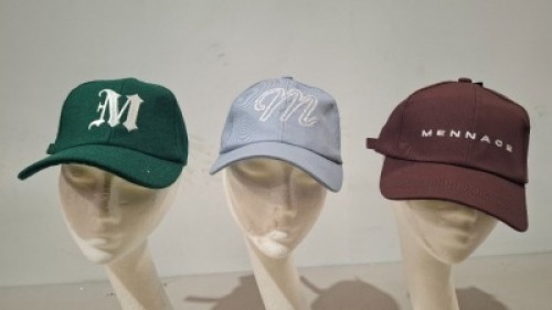 50 X BRAND NEW MENNACE LOGO BASEBALL CAPS IN MIXED COLOURS , MAUVE , LIGHT BLUE , GREEN AND BROWN IN ONE LARGE BAG