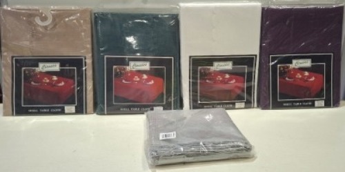 100 X BRAND NEW MIXED CLASSICS SHEEL TABLE CLOTHS IN MIXED SIZES FOR ROUND AND OVAL TABLES IN VARIOUS COLOURS WHITE , GREY , GREEN ETC IN 4 BOXES