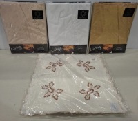 70 X BRAND NEW MIXED LOT CONTAINING 50 X VARIOUS CUSHION COVERS IN VARIOUS STYLES AND SIZES AND 20 X LIVING OXFORD ROUND TABLE CLOTHS IN SIZE ROUND 70 INCH IN WHITE , GOLD , BEIGE ETC IN TWO BOXES