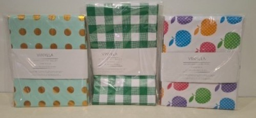 26 X BRAND NEW MIXED LOT CONTAINING 6 X TIGER COT QUILTS IN SIZE 90 X 120 AND 20 X VINYLLA EASY WIPE CLEAN VINYL TABLECLOTHES IN DIA 160CM VARIOUS STYLES IN 3 BOXES