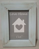 60 X WOODEN PHOTO FRAME IN SIZE 6 X 4 INCH IN BLUE IN 5 BOXES (NOTE AGED PRODUCT - BOXES HAVE MUSTY ODOUR - SEE IMAGE FOR REPRESENTATIVE SAMPLE )