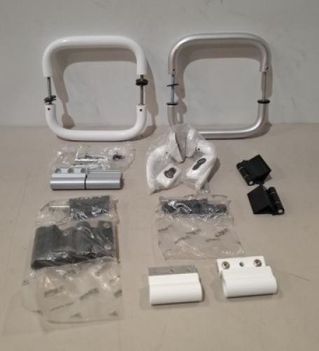 100 + BRAND NEW ALUMINUM WINDOWS AND DOORS HARDWARE LOT CONTAINING VARIOUS HINGES AND DOOR HANDLES IN 7 BOXES