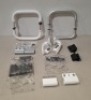 100 + BRAND NEW ALUMINUM WINDOWS AND DOORS HARDWARE LOT CONTAINING VARIOUS HINGES AND DOOR HANDLES IN 7 BOXES