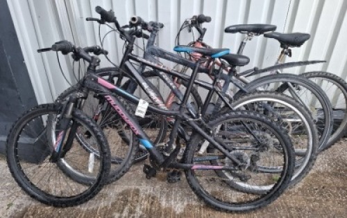 4 X MIXED BIKE LOT TO INCLUDE 1 MUDDYFOX BIKE IN BLACK/PINK IN SIZE 37CM , 1 APOLLO SLANT BIKE IN BLACK IN SIZE 42CM , 1 TREK BIKE IN DARK GREY IN SIZE 45CM AND 1 FALCON BIKE IN PINK/SILVER AND WHITE IN SIZE 43CM (NOTE - SOME CHIPS AND SCRATCHES TO THE FR