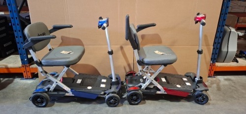 2 X DRIVE DEVILBISS MANUAL FOLDING SCOOTERS - RED & BLUE BOTH WITH KEYS & BATTERIES NO CHARGER IGNITION POWERS UP ON BOTH DRIVE DOES NOT ENGAGE CONDITION OF BOTH: FAIR