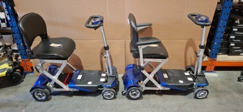 2 X DRIVE DEVILBISS AUTOFOLD SCOOTERS - BLUE 1 KEY ONLY & BOTH WITH BATTERIES NO CHARGER IGNITION POWERS UP ON BOTH DRIVE DOES NOT ENGAGE CONDITION OF BOTH: FAIR