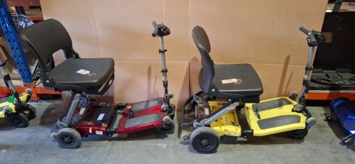 2 X FREERIDER LUGGIE FOLDING SCOOTERS - YELLOW & RED 1 BATTERY ONLY (RED MODEL) NO CHARGER IGNITION POWERS UP ON BOTH DRIVE DOES NOT ENGAGE CONDITION OF BOTH: FAIR