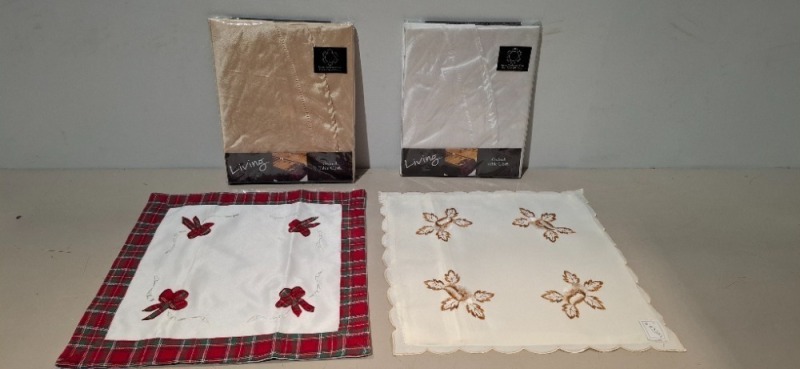 70 X BRAND NEW MIXED LOT CONTAINING 50 X VARIOUS CUSHION COVERS IN VARIOUS STYLES AND SIZES AND 20 X LIVING OXFORD ROUND TABLE CLOTHS IN SIZE ROUND 70 INCH IN WHITE , GOLD , BEIGE ETC IN TWO BOXES