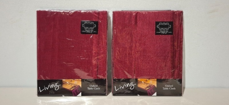 48 X BRAND NEW LIVING BY THOMAS FREDERICK LIVING OXFORD TABLE CLOTH IN DARK RED IN SIZE 137 CM X 228 CM IN TWO BOXES