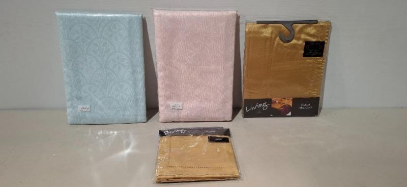56 X BRAND NEW MIXED LOT CONTAINING VARIOUS LIVING OXFORD TABLE CLOTHS IN IVORY IN SIZE DIAM 172 AND GOLD IN SIZE 132 X 178CM , NAPKINS IN GOLD , PINK AND BLUE FLORAL TRELLIS IN SIZE 150 X 240 IN TWO BOXES