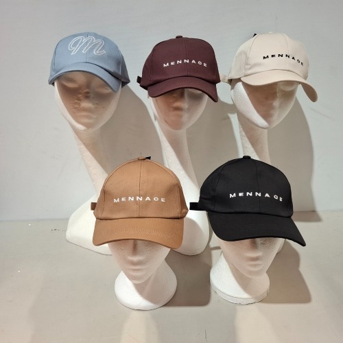 60 X BRAND NEW MENNACE LOGO BASEBALL CAPS IN VARIOUS COLOURS BLUE , BROWN , BLACK , OFF WHITE AND MAUVE IN TWO TRAYS