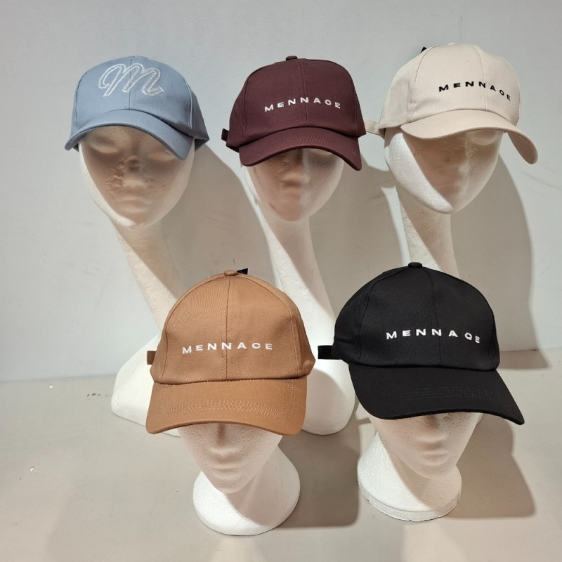 60 X BRAND NEW MENNACE LOGO BASEBALL CAPS IN VARIOUS COLOURS BLUE , BROWN , BLACK , OFF WHITE AND MAUVE IN TWO TRAYS