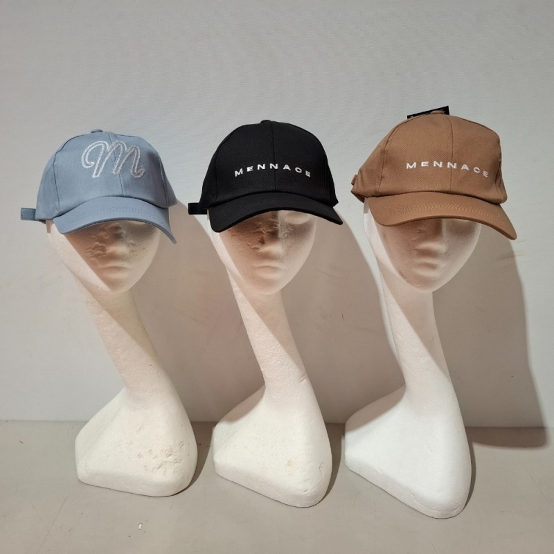 60 X BRAND NEW MENNACE LOGO BASEBALL CAPS IN VARIOUS COLOURS BLUE , BROWN , BLACK , AND MAUVE IN TWO TRAYS