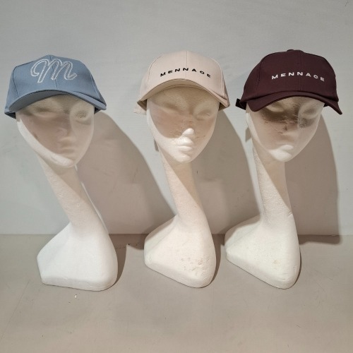 60 X BRAND NEW MENNACE LOGO BASEBALL CAPS IN VARIOUS COLOURS BLUE , BROWN , BLACK , OFF WHITE AND MAUVE IN TWO TRAYS