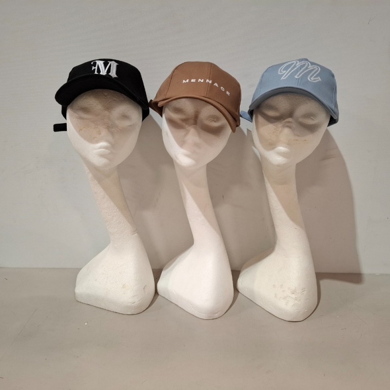 60 X BRAND NEW MENNACE LOGO BASEBALL CAPS IN VARIOUS COLOURS BLUE , BROWN , BLACK AND MAUVE AND MAUVE IN TWO TRAYS