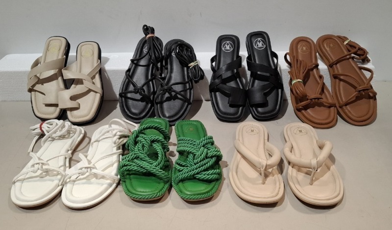 40 X PAIRS OF BRAND NEW MIXED MISSGUIDED FOOTWEAR LOT TO INCLUDE TWISTED TOE POST FLAT SANDALS - FAUX LEATHER KNOTTED FLAT SANDALS - PADDED TIE UP SANDALS - CHUNKY STRAP SLIDERS ETC ALL IN VARIOUS SIZES IN 1 TRAY